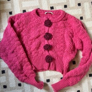 Urban Outfitters Pink Cable Knit Cardigan with Floral Buttons